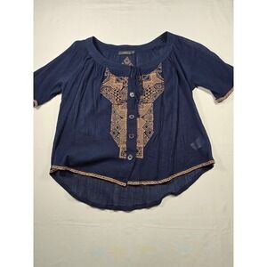 THML Navy Blue Embroidered Cotton Gauze Blouse Boho Tie Neck Top XS Women's